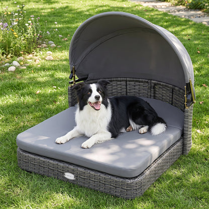 Wicker Dog House with Adjustable Canopy and Gray Cushions; Border Collie lounging inside on Tampa Home & Garden Store
