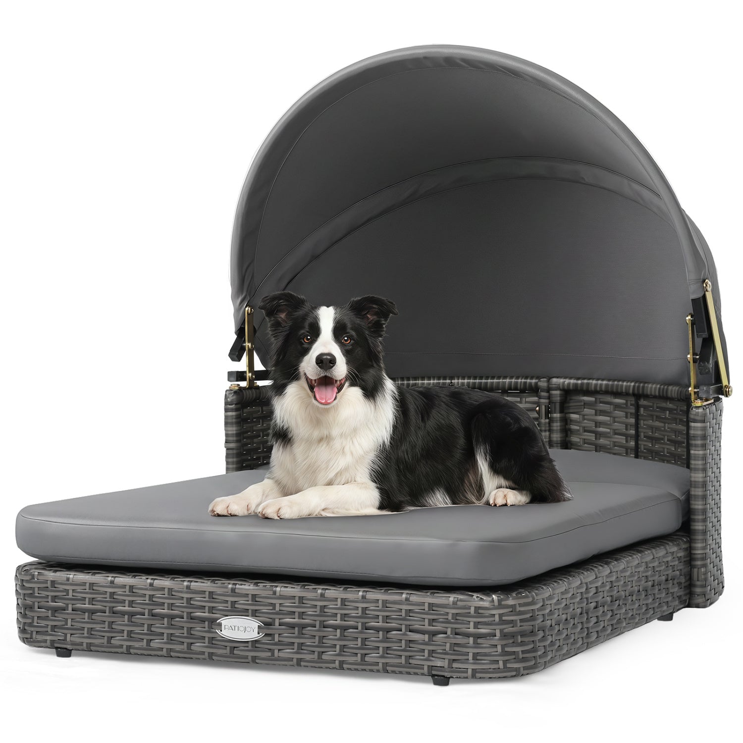 Wicker dog house with gray adjustable canopy and cushions PatioJoy on Tampa Home & Garden Store