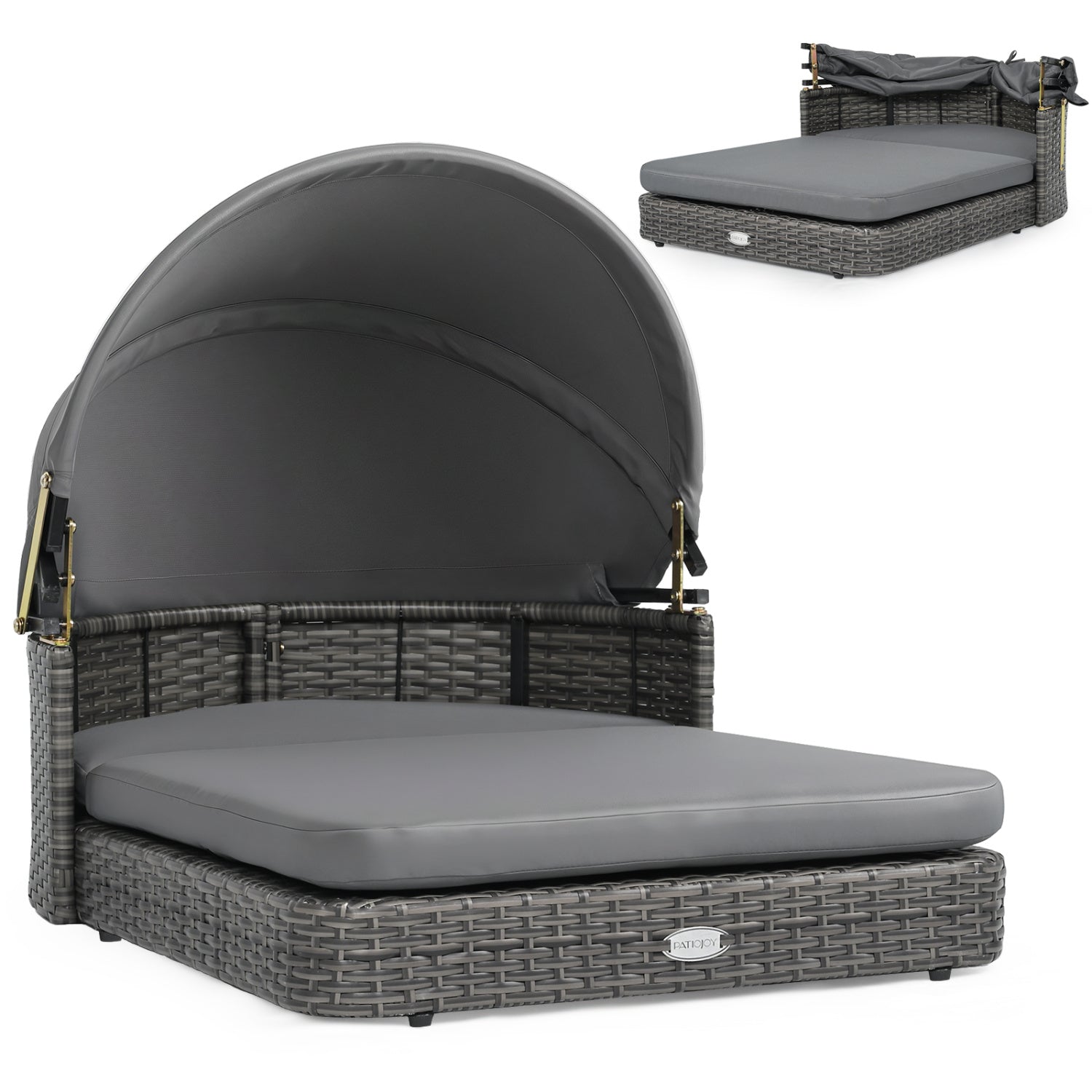 Wicker dog house with adjustable canopy and gray cushions PatioJoy on Tampa Home & Garden Store
