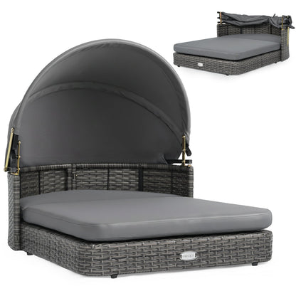 Wicker dog house with adjustable canopy and gray cushions PatioJoy on Tampa Home & Garden Store