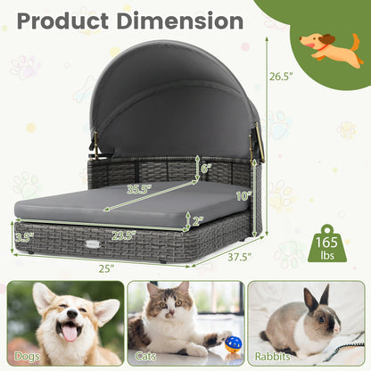 Wicker dog house by DirectDeals with canopy and cushions, dark brown wicker frame, gray cushions on Tampa Home & Garden Store