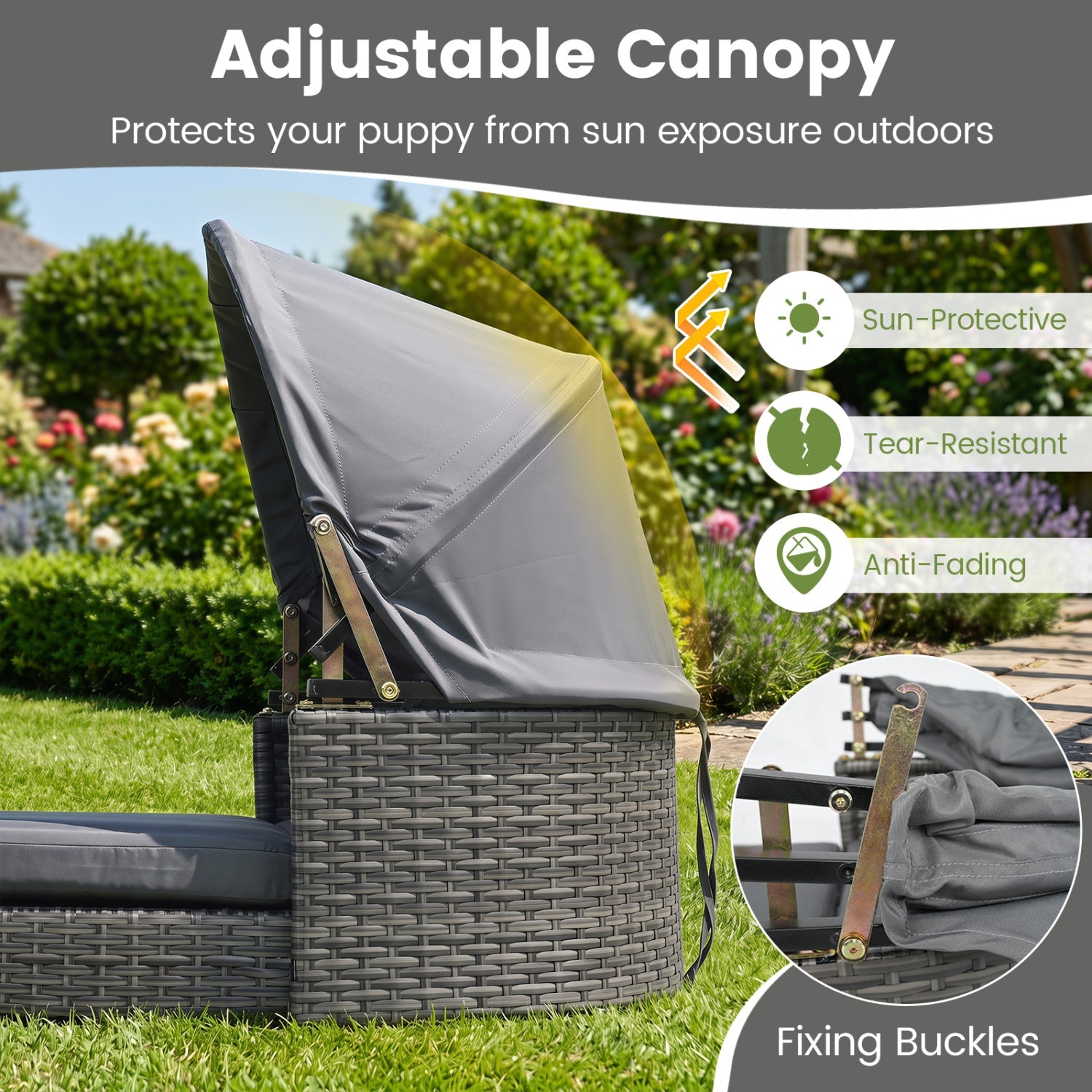 Wicker Dog House by DirectDeals with Adjustable Canopy in gray rattan cushions on Tampa Home & Garden Store