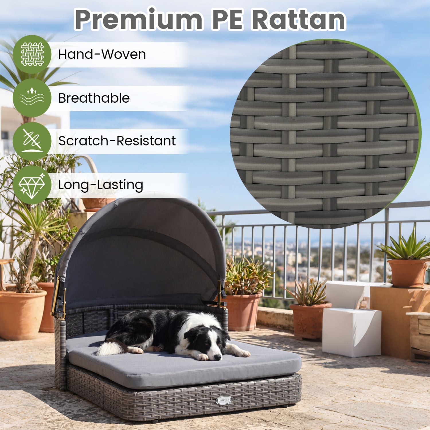 Wicker Dog House with Adjustable Canopy & Cushions by DirectDeals; grey PE rattan pet lounge on Tampa Home & Garden Store