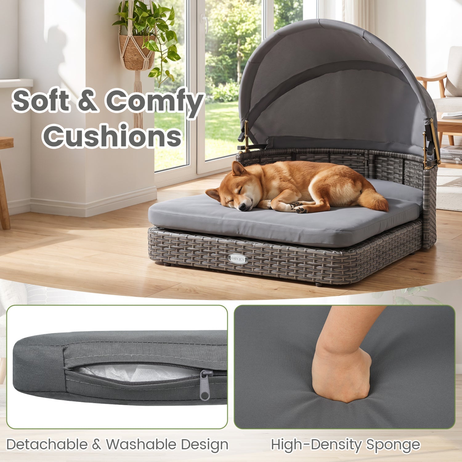 Wicker dog house with adjustable canopy and gray cushions by DirectDeals, pet shelter on Tampa Home & Garden Store