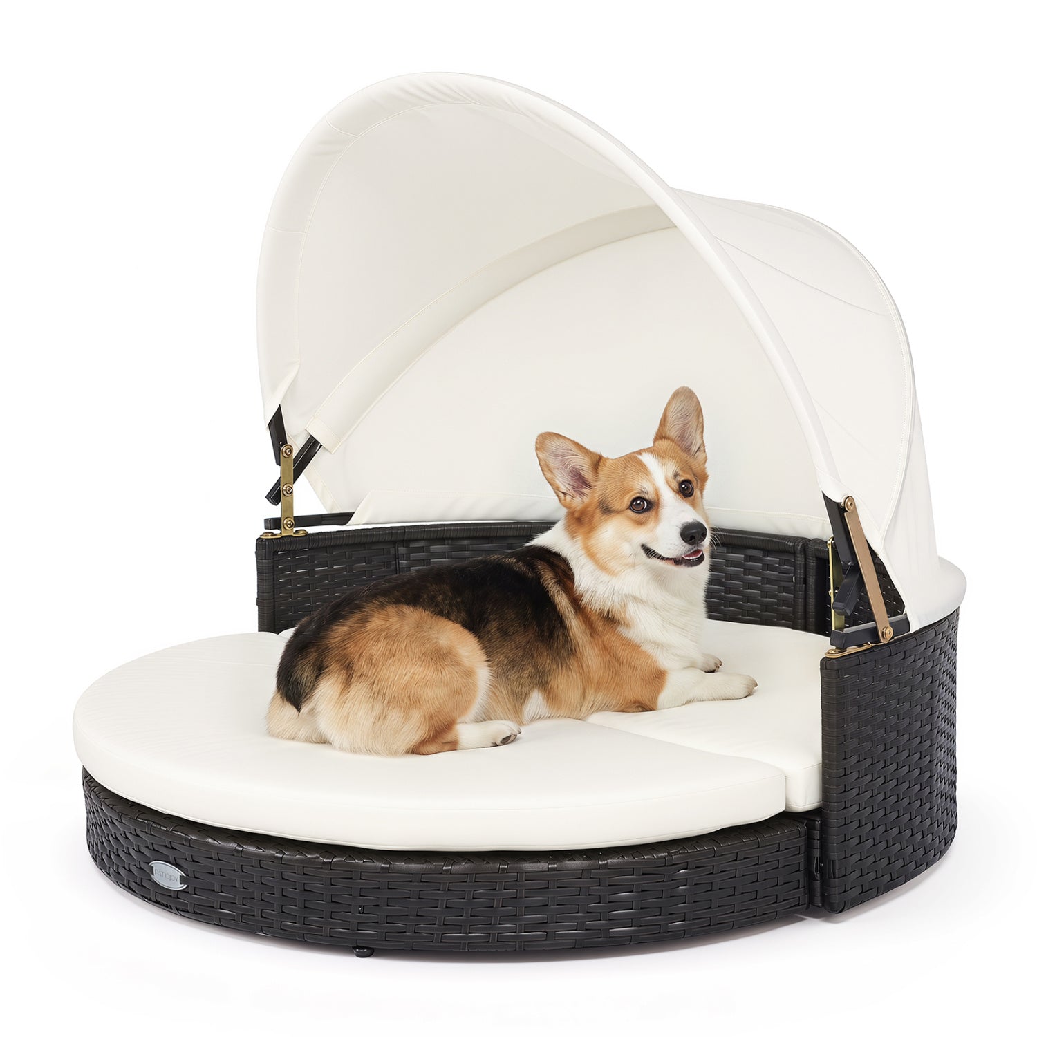 Wicker dog house with retractable white canopy and cushion, DirectDeals, dark wicker base on Tampa Home & Garden Store