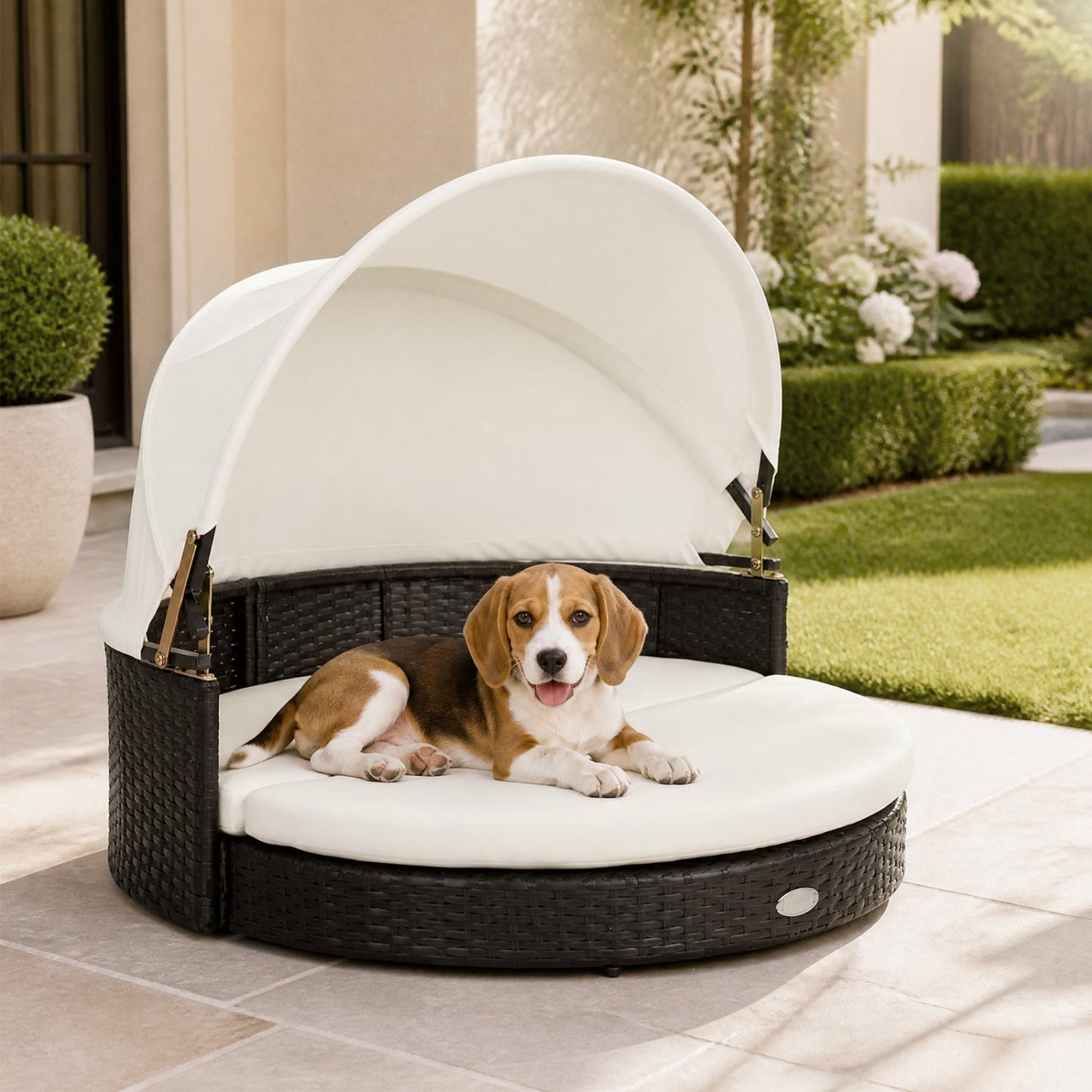DirectDeals Wicker Dog House with Retractable Canopy and Cushion, white canopy, beagle on Tampa Home & Garden Store