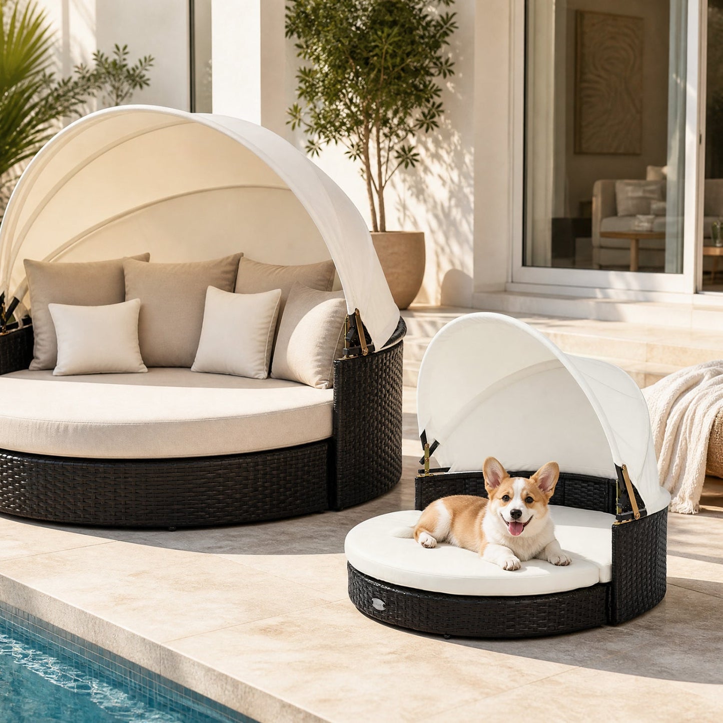 DirectDeals Wicker Dog House with Retractable Canopy and Cushion, lounge with white canopy on Tampa Home & Garden Store