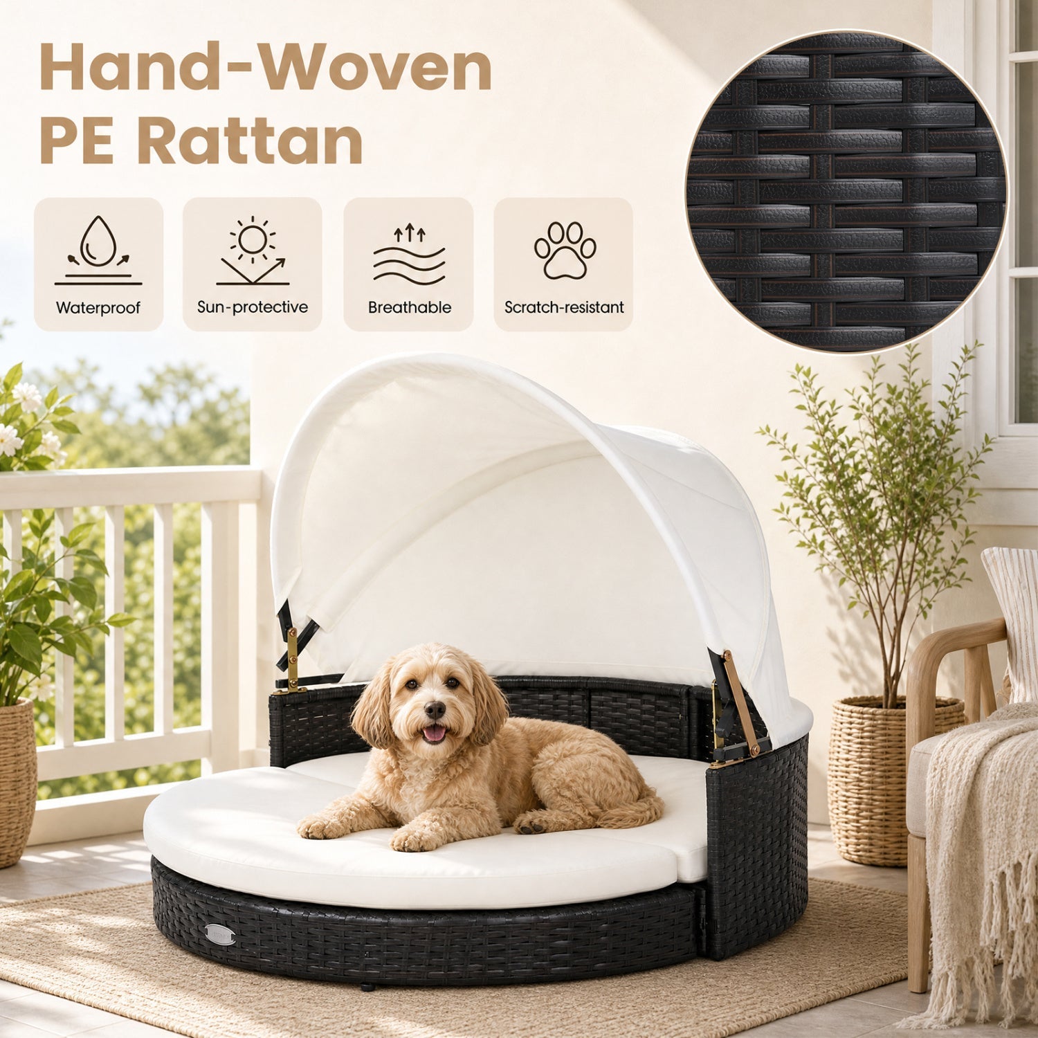 DirectDeals wicker dog house with retractable canopy and cushion, round black PE rattan on Tampa Home & Garden Store