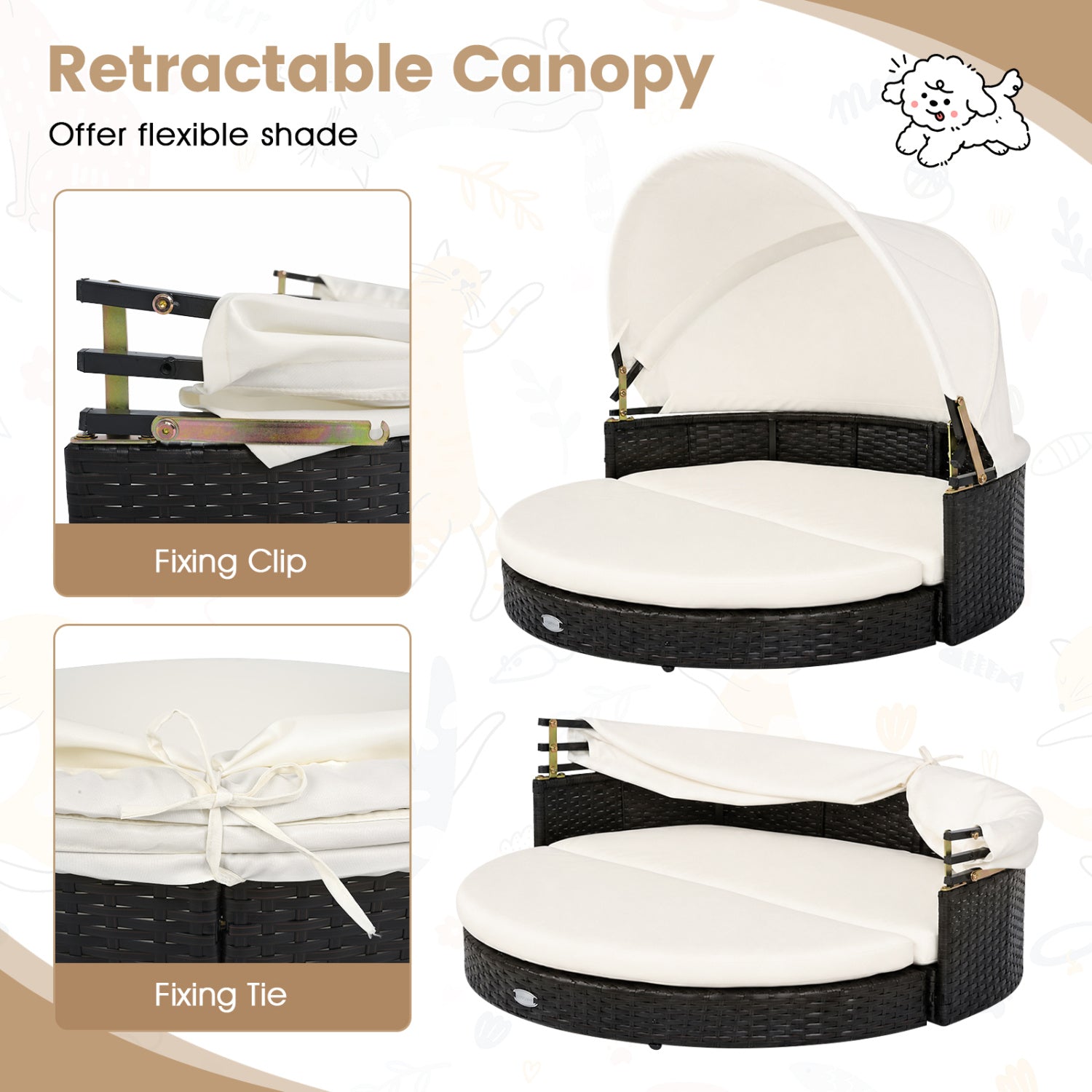 DirectDeals wicker dog house with retractable canopy and white cushion, black woven frame on Tampa Home & Garden Store