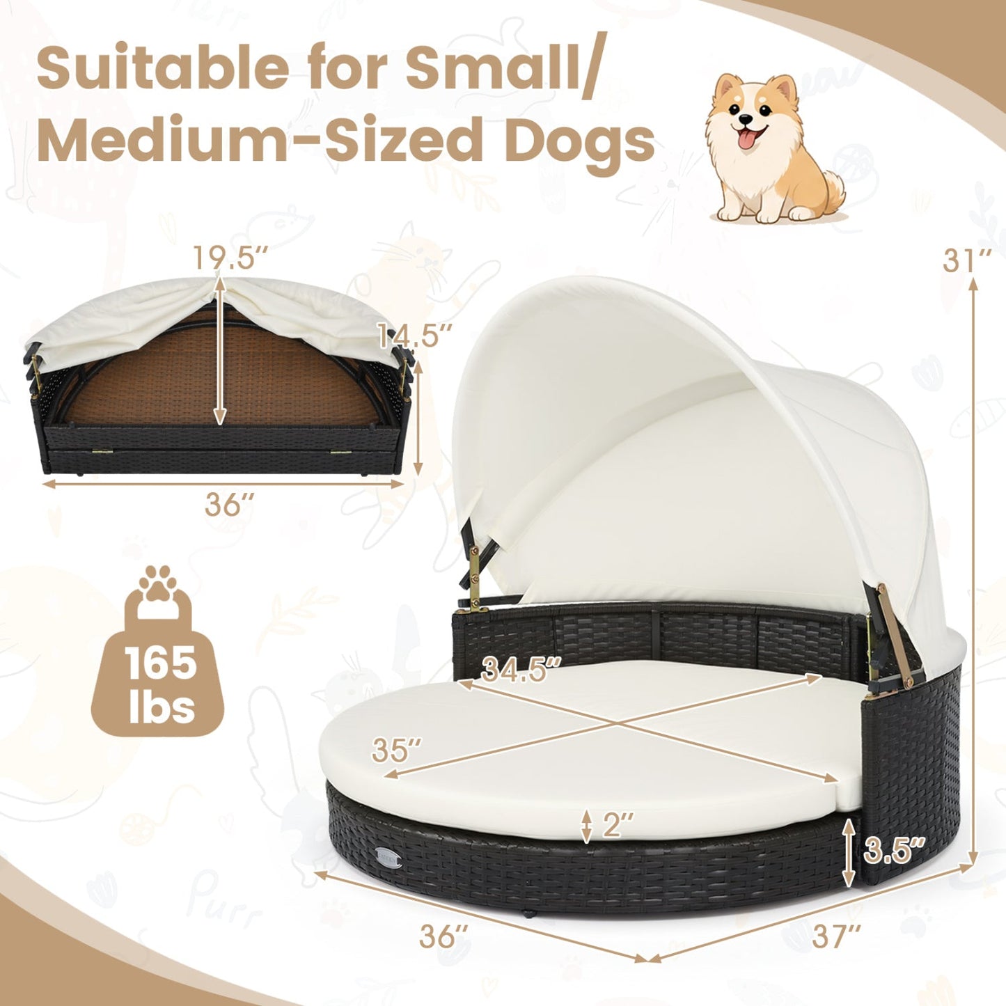 Wicker dog house with retractable canopy and cushion by DirectDeals, for small/medium dogs on Tampa Home & Garden Store