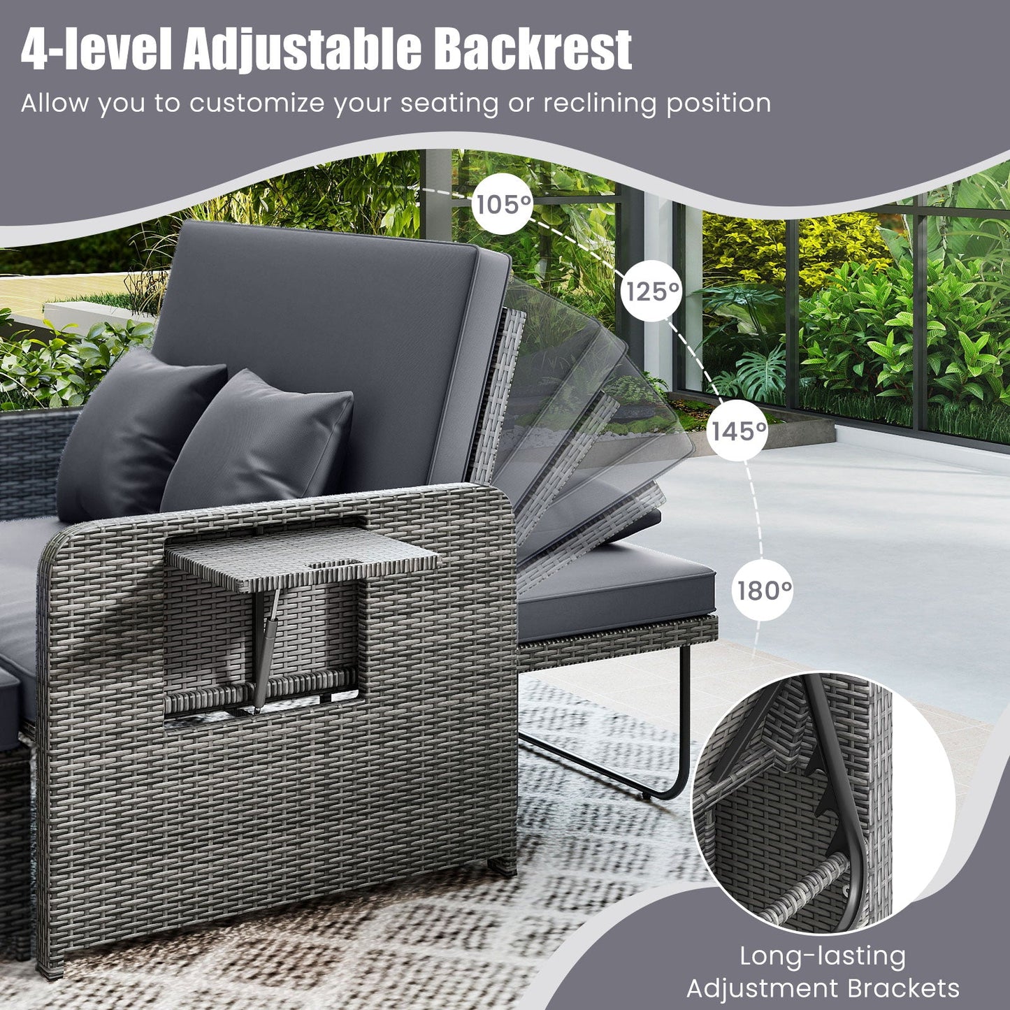 Patio Wicker Loveseat Sofa with Multipurpose Ottoman and Retractable Side Tray