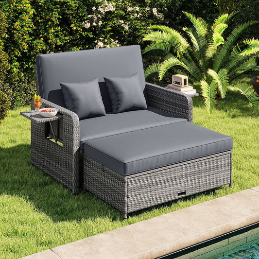 Patio Wicker Loveseat Sofa with Multipurpose Ottoman and Retractable Side Tray - Tampa Home & Garden Store