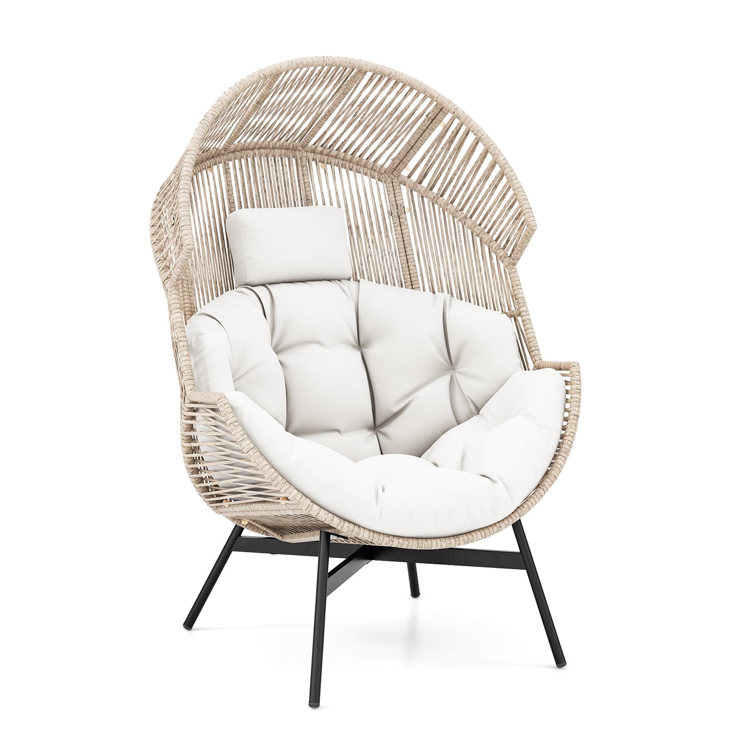 Sillón de mimbre estilo huevo de tamaño extragrande con cojines y reposacabezas-Negro