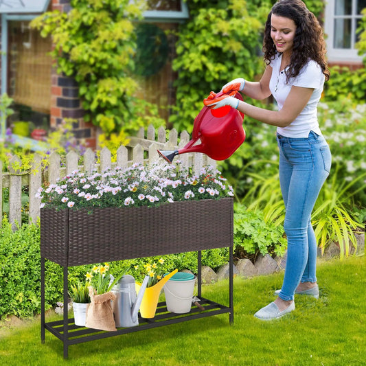 DirectDeals wicker garden bed with storage shelf, brown woven planter on metal legs on Tampa Home & Garden Store