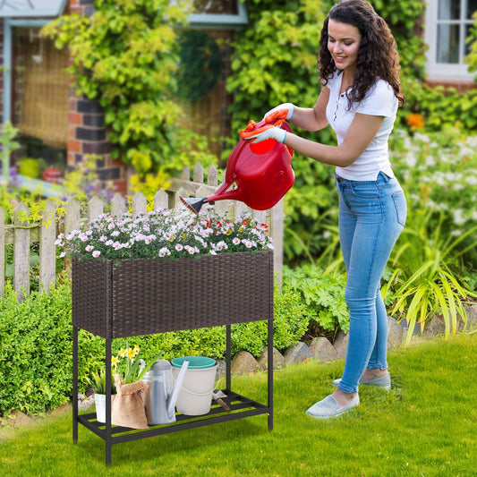 Wicker Raised Garden Bed with Storage Shelf and Removable Liner for Flowers