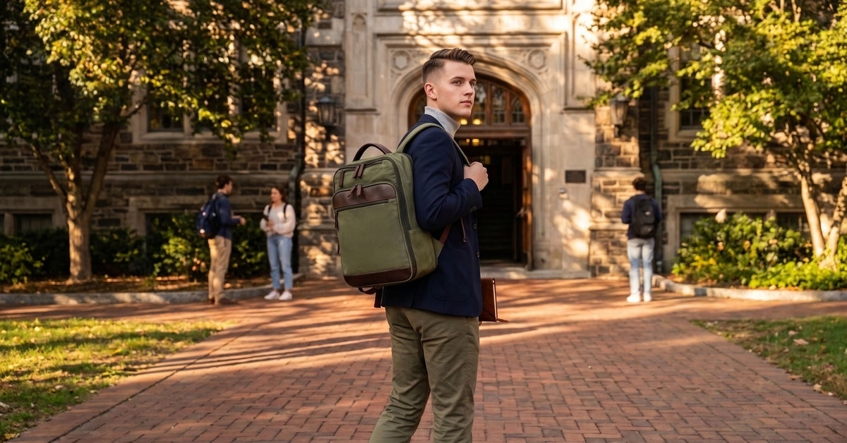 Maxwell 16in waxed canvas laptop backpack in olive green with brown leather trim, worn on campus on Tampa Home & Garden Store
