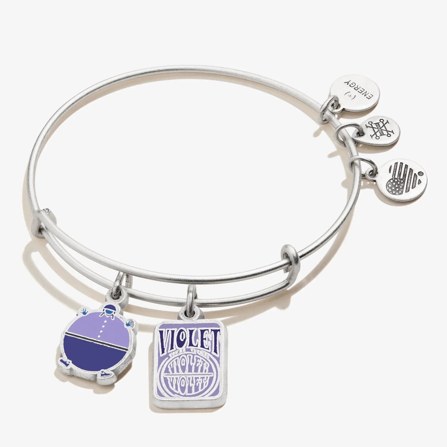 Willy Wonka Violet Duo Charm Bangle silver bracelet with violet charms by Alex and Ani on Tampa Home & Garden Store