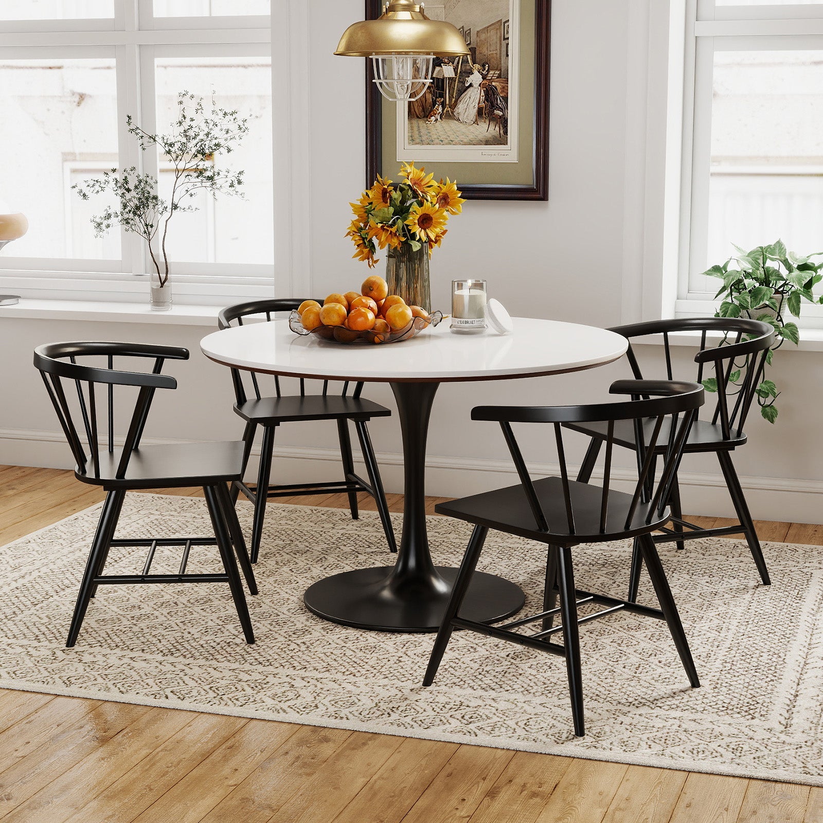 Windsor dining chairs set of 4 black by DirectDeals around a round white table on Tampa Home & Garden Store