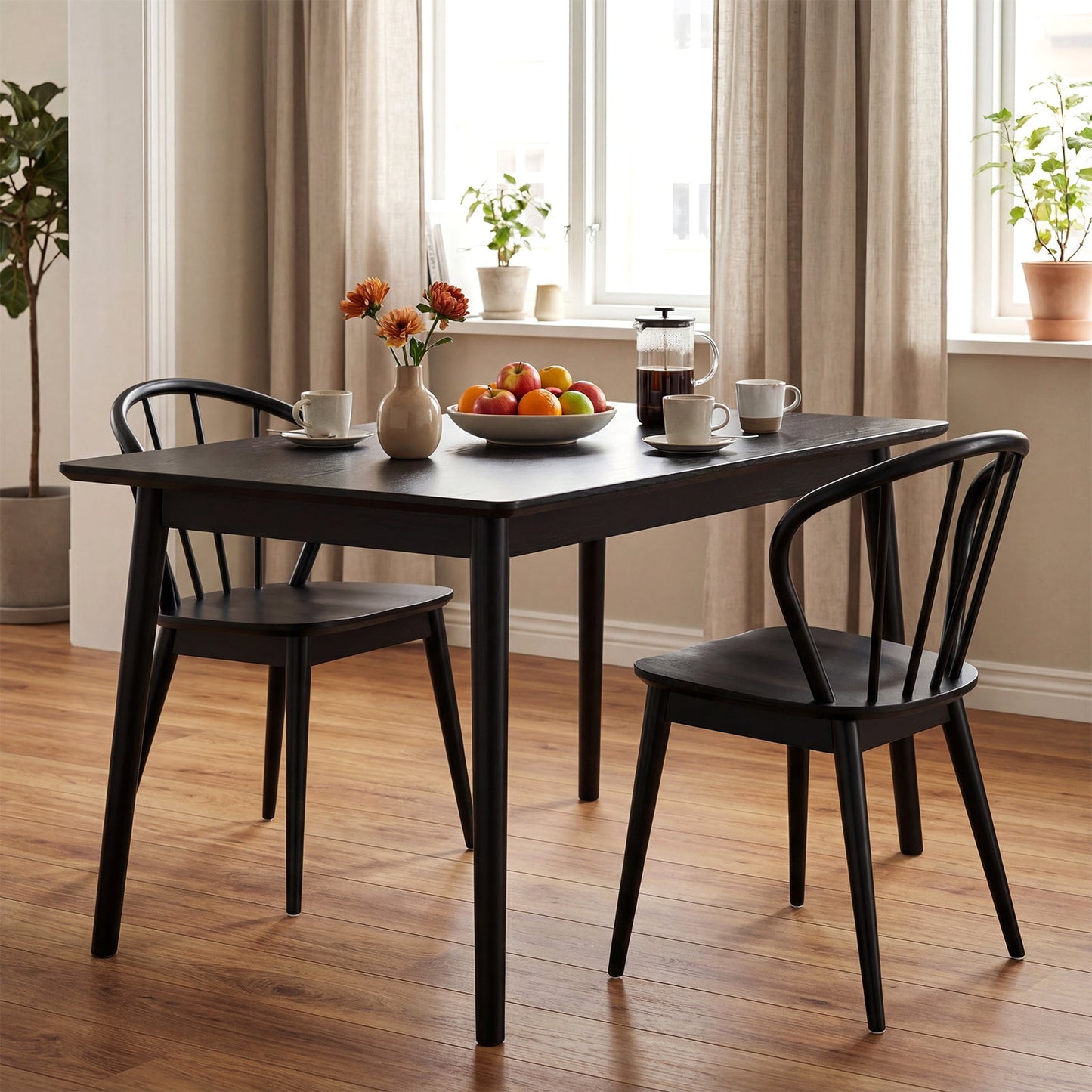 Windsor Dining Chairs Set of 4 with Spindle Backrest-Black