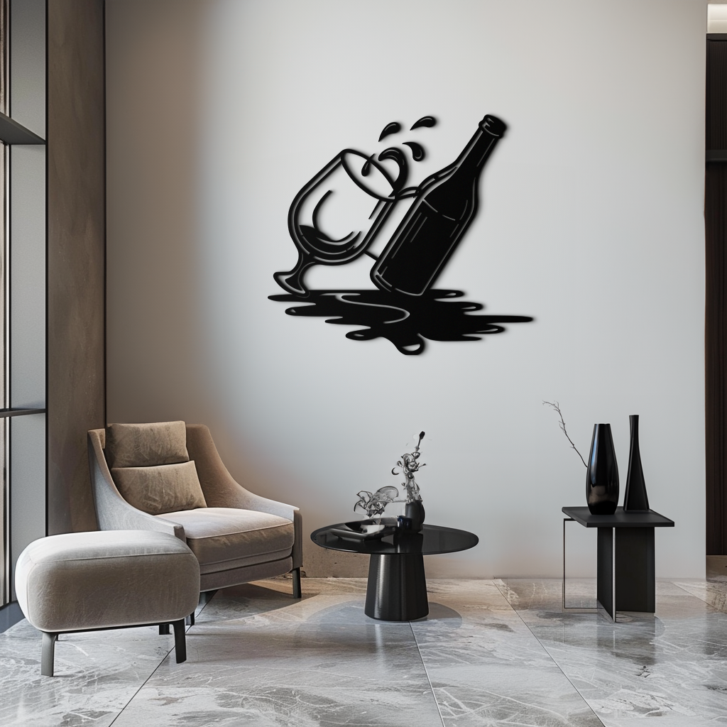 Wine Bottle and Glass Metal Wall Art – Modern Bar Decor with Splash Effect for Kitchen or Lounge Spaces- KAF356 - Tampa Home & Garden Store