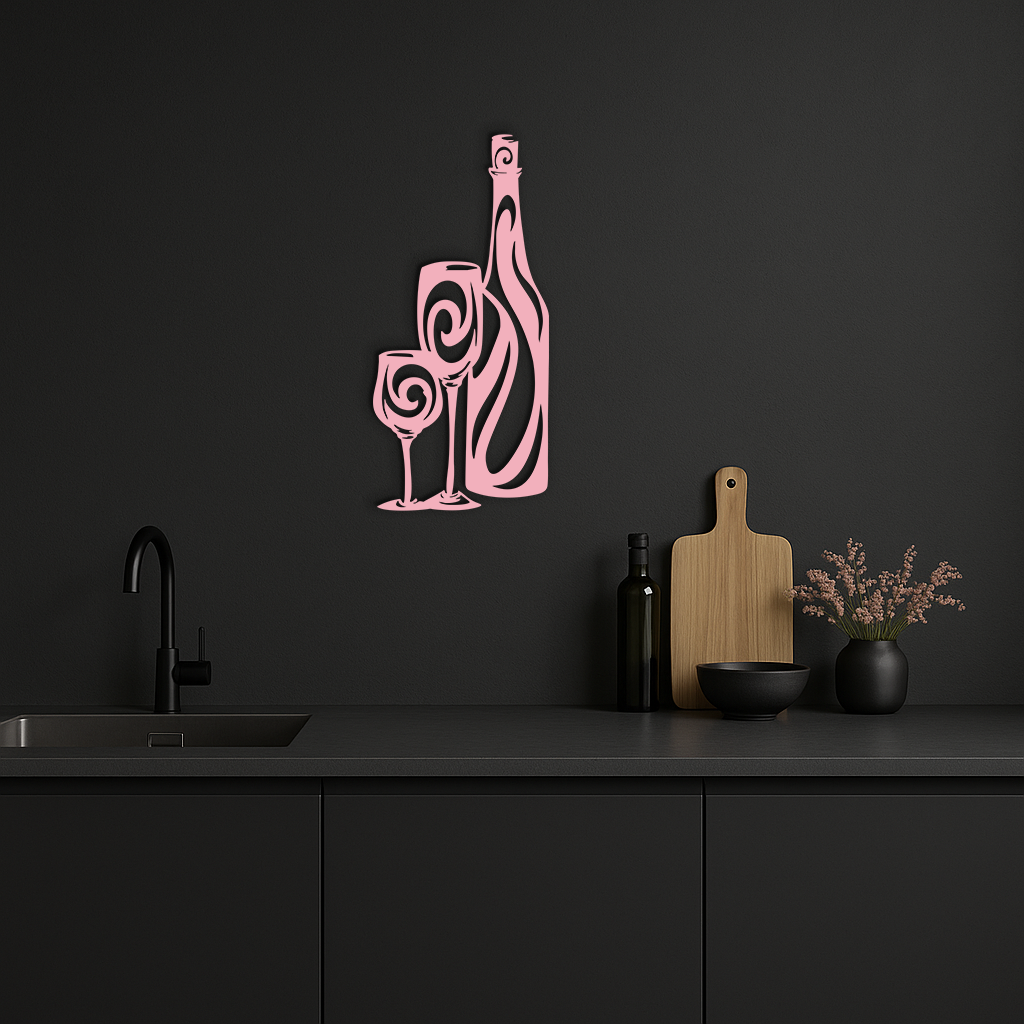 Wine Bottle and Glasses Silhouette Modern Kitchen Décor - Pink Metal Wall Art - KAFGP160 - Tampa Home & Garden Store