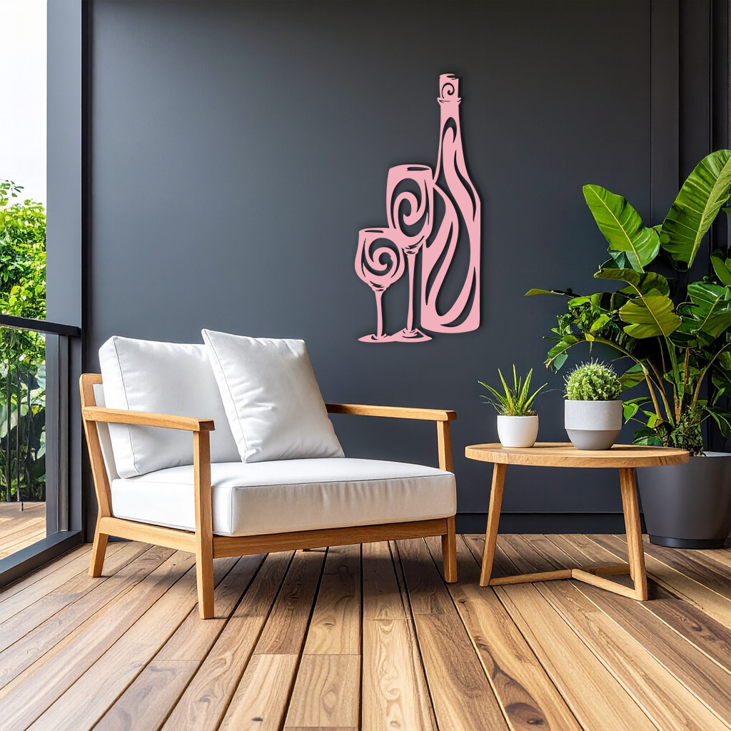 Wine Bottle and Glasses Silhouette Modern Kitchen Décor - Pink Metal Wall Art - KAFGP160 - Tampa Home & Garden Store
