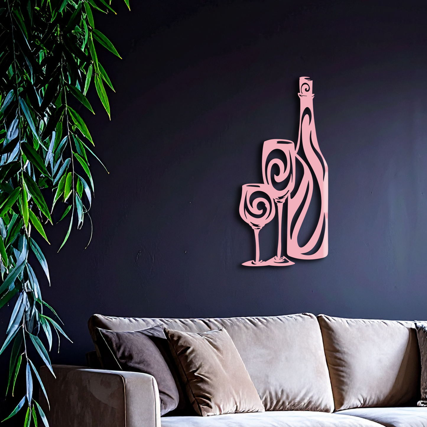 Wine Bottle and Glasses Silhouette Modern Kitchen Décor - Pink Metal Wall Art - KAFGP160 - Tampa Home & Garden Store
