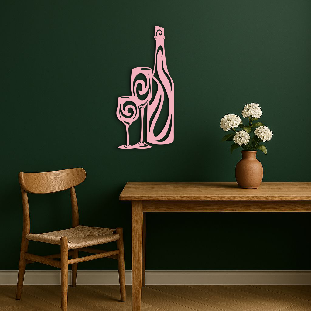 Wine Bottle and Glasses Silhouette Modern Kitchen Décor - Pink Metal Wall Art - KAFGP160 - Tampa Home & Garden Store