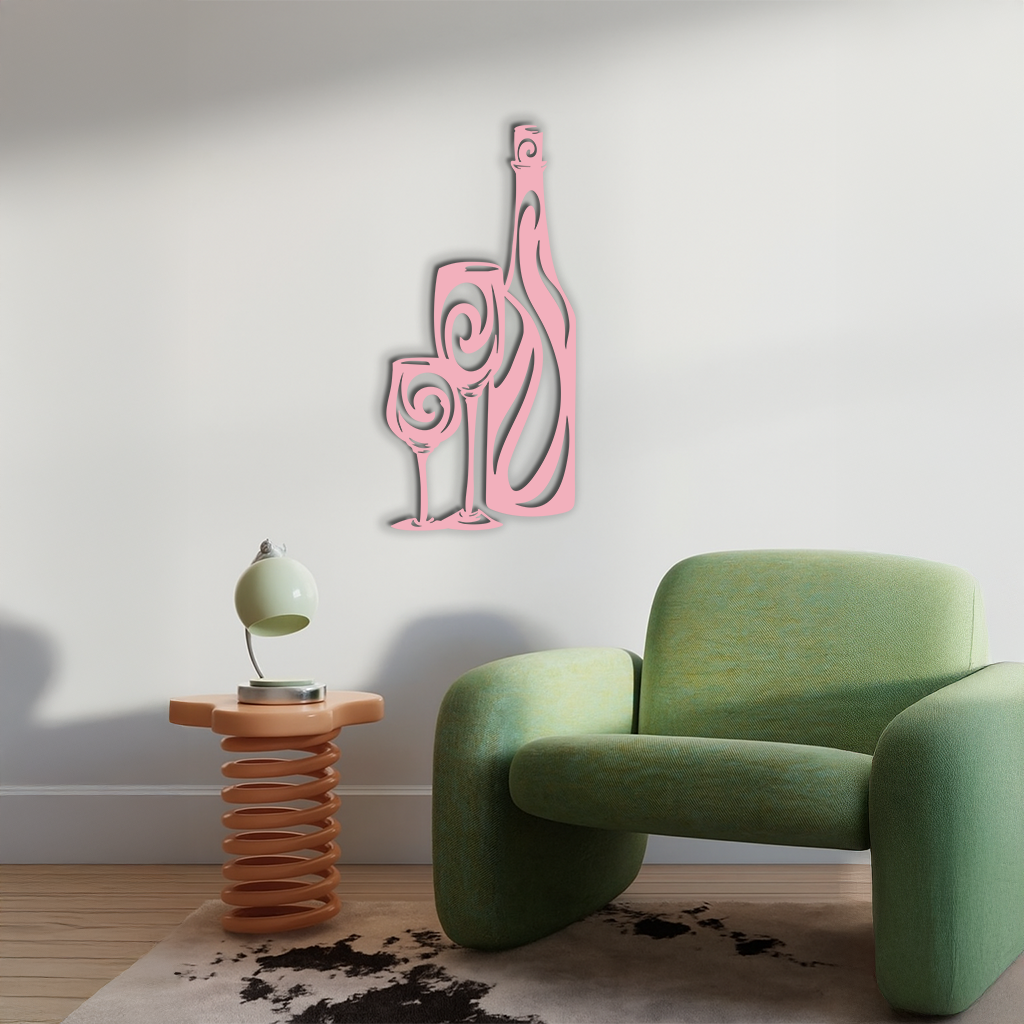 Wine Bottle and Glasses Silhouette Modern Kitchen Décor - Pink Metal Wall Art - KAFGP160 - Tampa Home & Garden Store