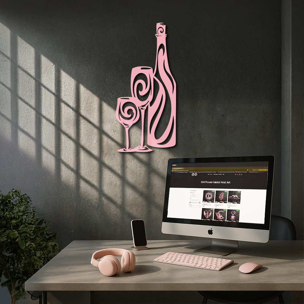 Wine Bottle and Glasses Silhouette Modern Kitchen Décor - Pink Metal Wall Art - KAFGP160 - Tampa Home & Garden Store