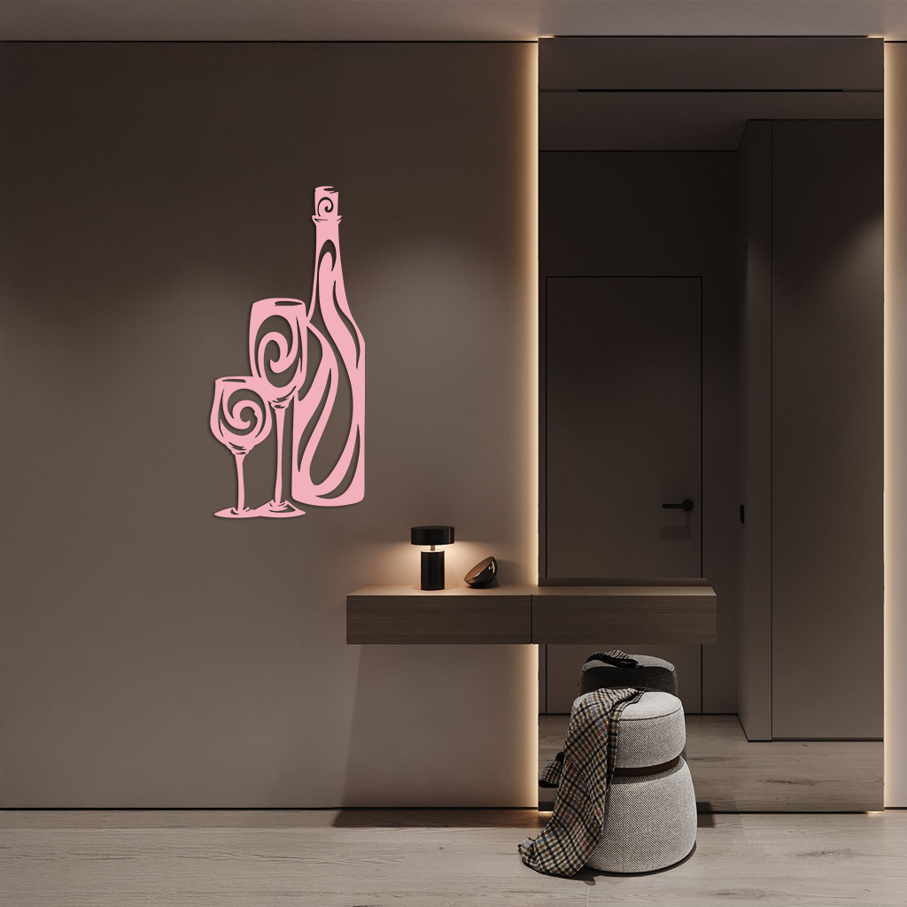 Wine Bottle and Glasses Silhouette Modern Kitchen Décor - Pink Metal Wall Art - KAFGP160 - Tampa Home & Garden Store