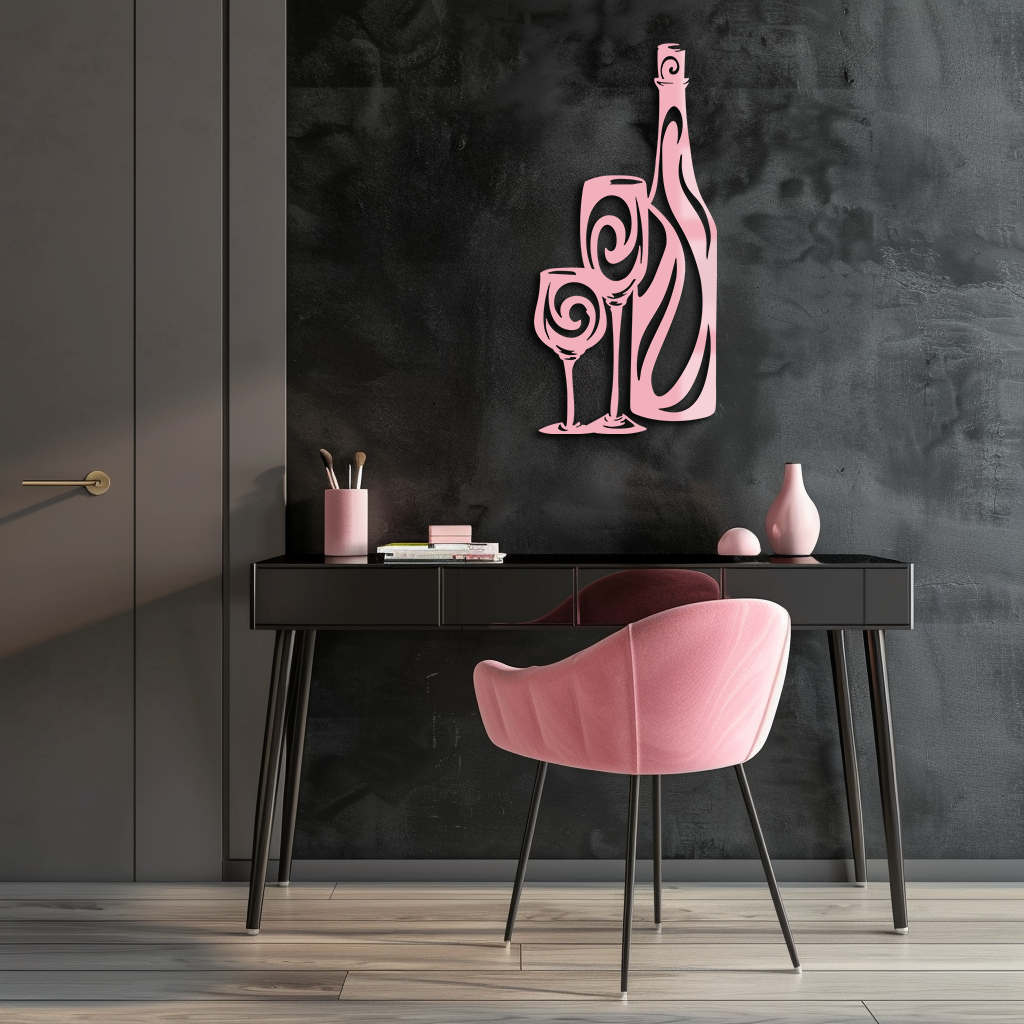 Wine Bottle and Glasses Silhouette Modern Kitchen Décor - Pink Metal Wall Art - KAFGP160 - Tampa Home & Garden Store