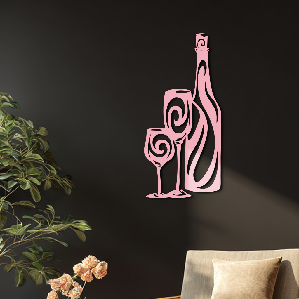 Wine Bottle and Glasses Silhouette Modern Kitchen Décor - Pink Metal Wall Art - KAFGP160 - Tampa Home & Garden Store