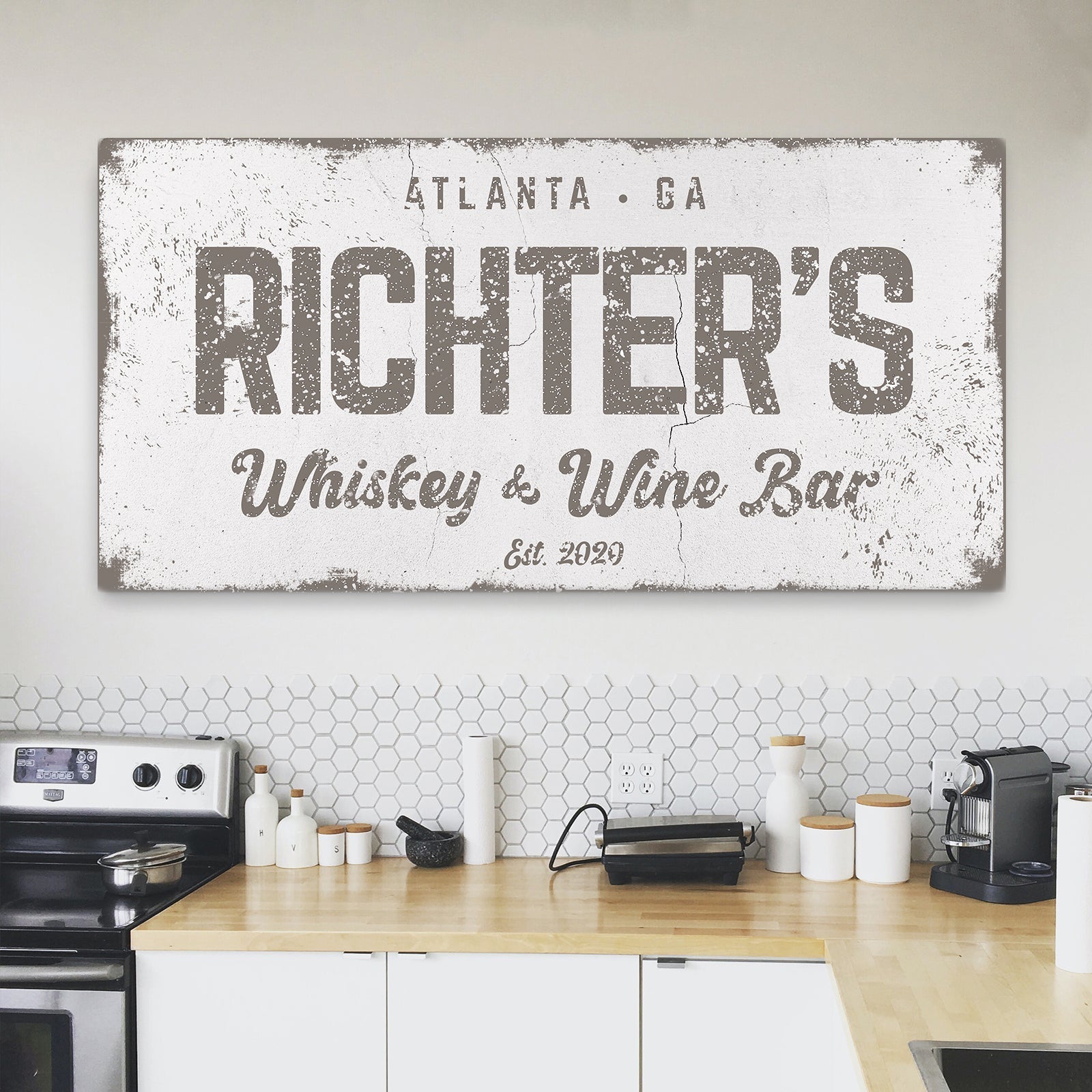 Canvas wall art by Tailored Canvases; distressed Richter's Whiskey & Wine Bar sign Est. 2020 on Tampa Home & Garden Store