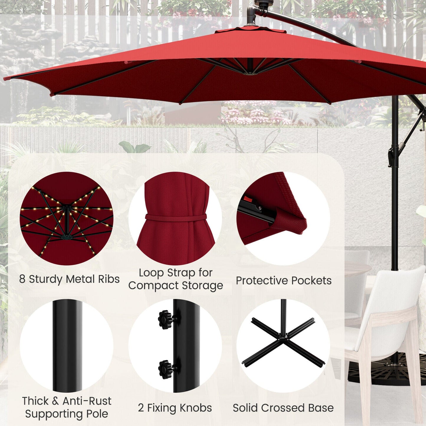 10 Feet Patio Offset Umbrella with 112 Solar-Powered LED Lights-Beige-Wine