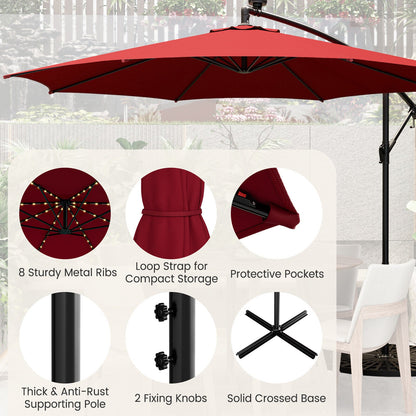 10 Feet Patio Offset Umbrella with 112 Solar-Powered LED Lights-Beige-Wine