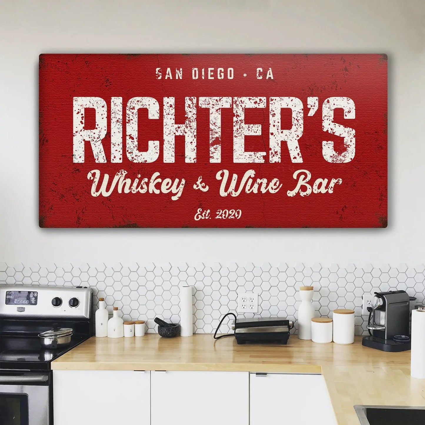 Whiskey And Wine Bar Sign by Tailored Canvases on red distressed canvas with white lettering on Tampa Home & Garden Store