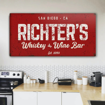 Whiskey And Wine Bar Sign by Tailored Canvases on red distressed canvas with white lettering on Tampa Home & Garden Store