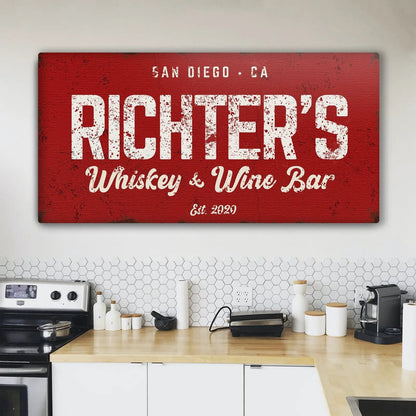 Whiskey And Wine Bar Sign III canvas wall art with distressed white text on red background on Tampa Home & Garden Store