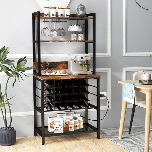 Mueble Bar para Vinos Botellero con Estantes de Almacenamiento de 4 Niveles y Soportes para Copas - Marrón