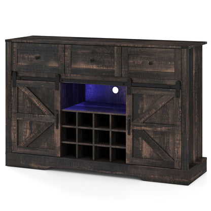 52 Inches Wine Bar Cabinet with LED Lights and Sliding Barn Doors