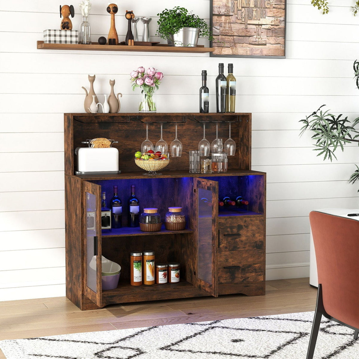 Wine bar cabinet with LED blue interior, dark wood finish on Tampa Home & Garden Store