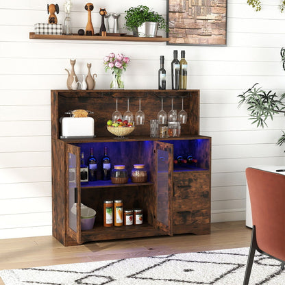 Wine bar cabinet with LED blue interior, dark wood finish on Tampa Home & Garden Store