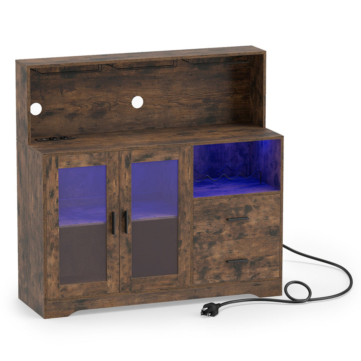 Wine Bar Cabinet with LED lighting and charging station, rustic wood with blue-lit glass storage on Tampa Home & Garden Store