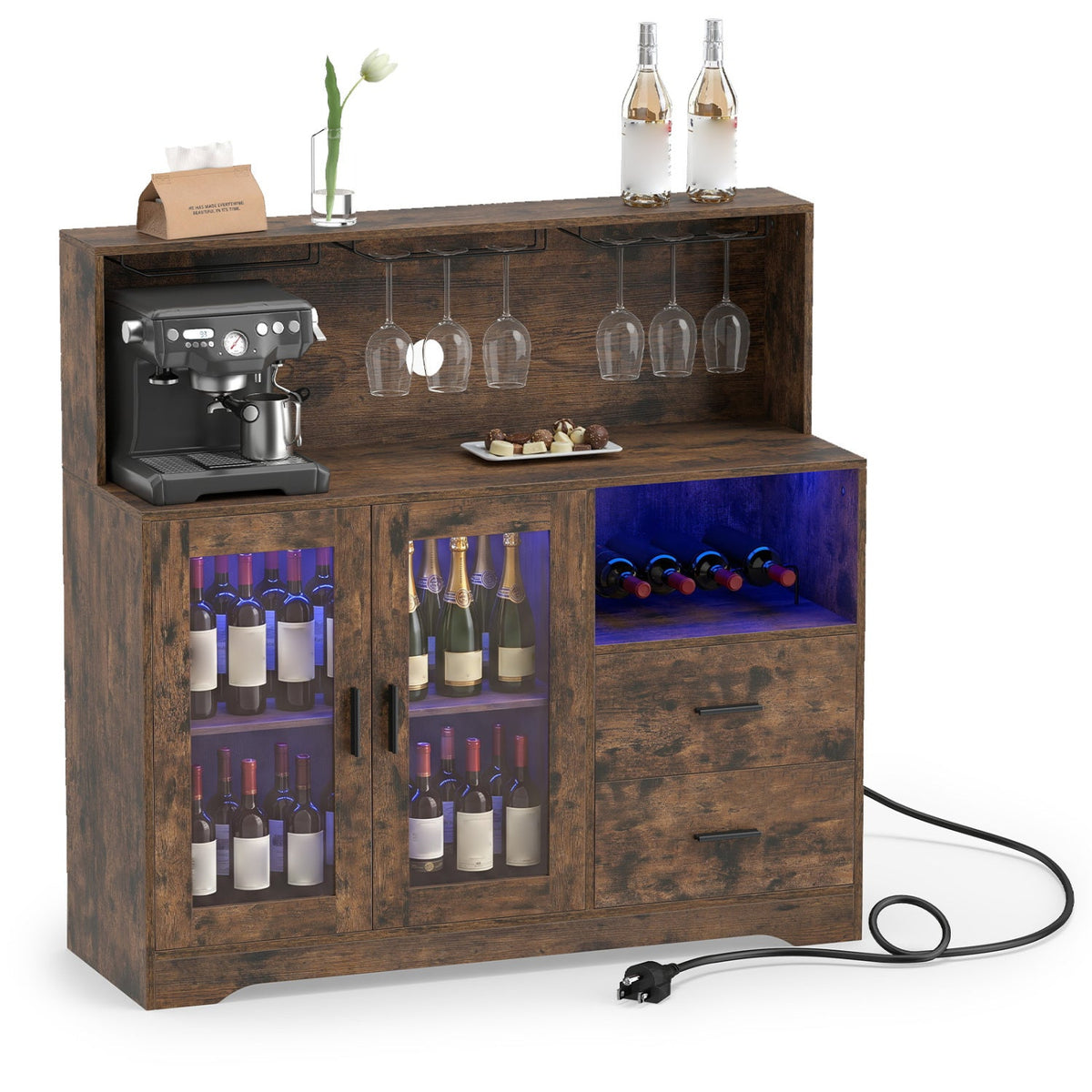 Wine Bar Cabinet with LED lighting, glassware rack, and wine bottle storage by DirectDeals on Tampa Home & Garden Store