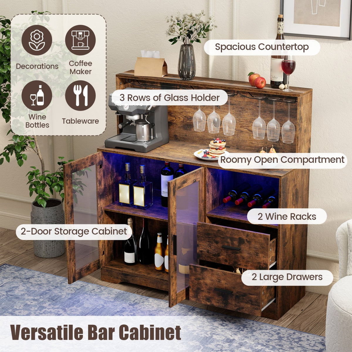 Wine Bar Cabinet in rustic wood with LED lighting and charging station DirectDeals on Tampa Home & Garden Store