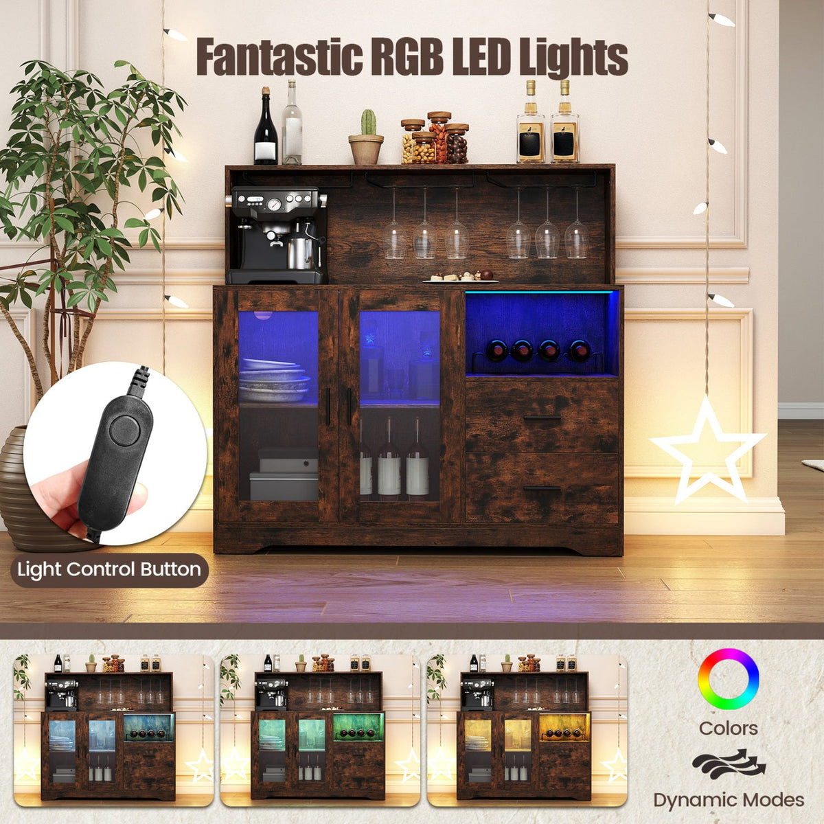 Wine Bar Cabinet by DirectDeals with dark wood finish, blue LED lighting, and charging station on Tampa Home & Garden Store