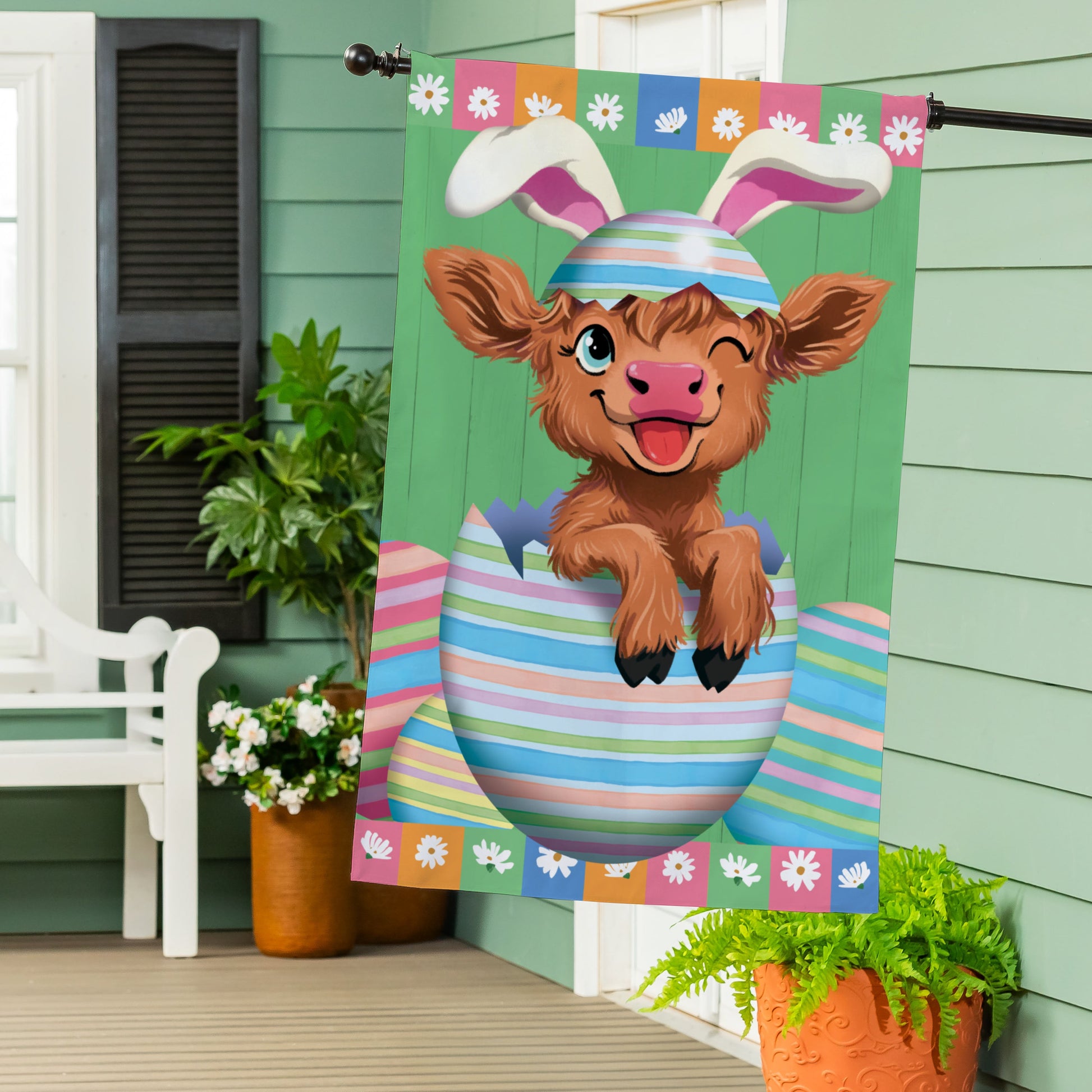 Winky The Easter Highland Cow Burlap House Flag - Tampa Home & Garden Store