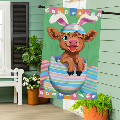 Winky The Easter Highland Cow Burlap House Flag - Tampa Home & Garden Store