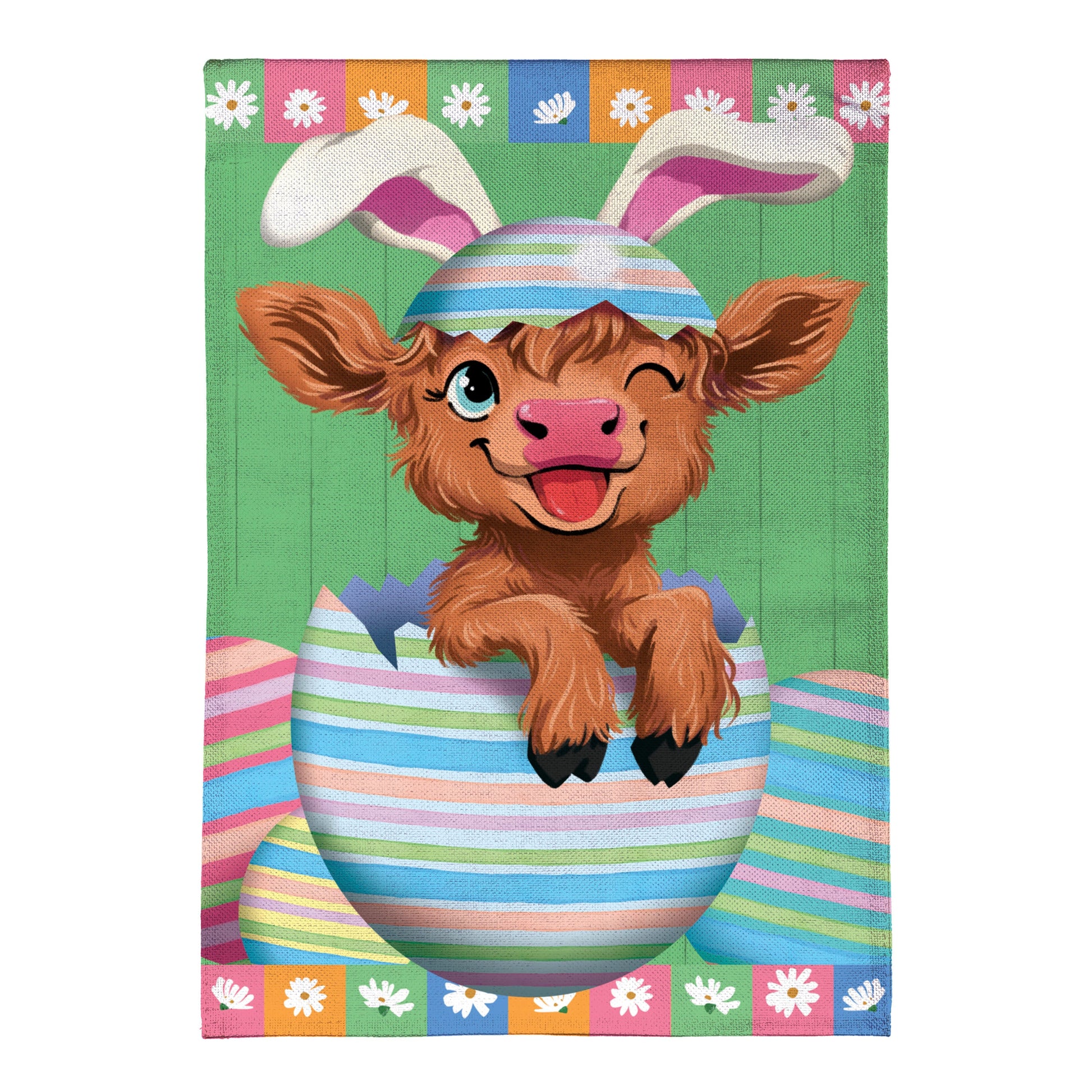 Winky The Easter Highland Cow Burlap House Flag - Tampa Home & Garden Store